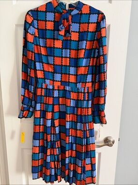 Joan Leslie by Kasper Geometric Print Tie-Neck Pleated Dress - VINTAGE 1970s